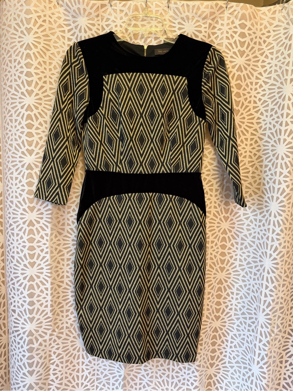 The Limited Black Velvet and Gold Geometric Long Sleeve Sheath Dress